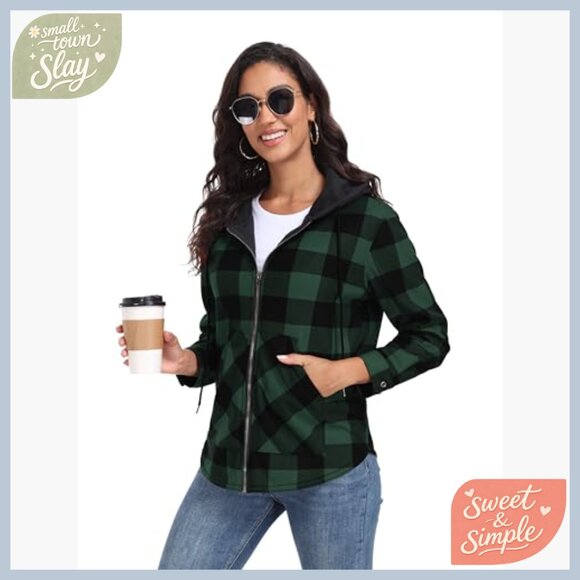 Women's Plaid Fleece Jacket Hooded Full Zip Casual Fall Winter Warm - Picture 4 of 7